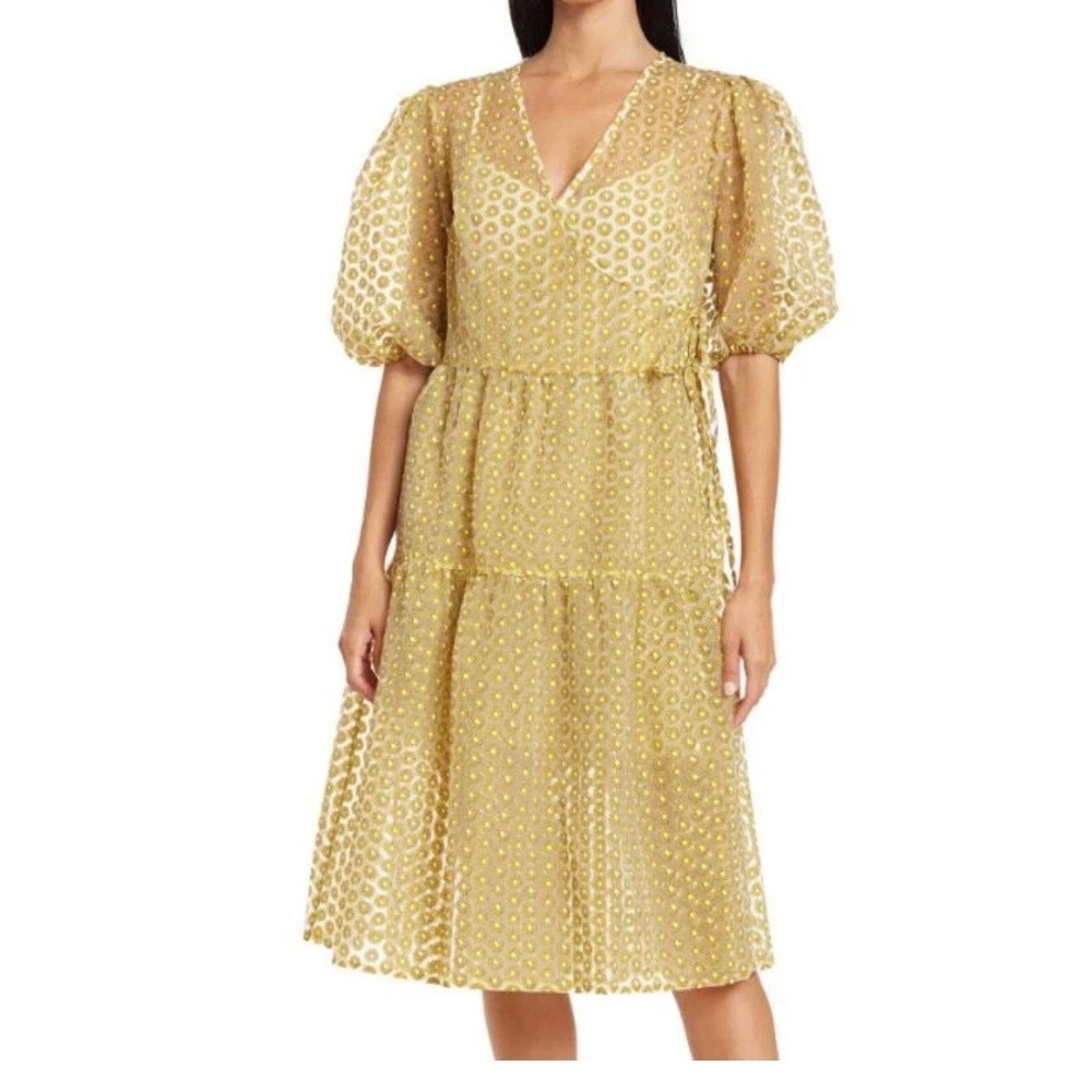 Topshop Yellow Daisy Floral Sheer Organza Wrap Dress Tiered Puff Sleeve Midi 2